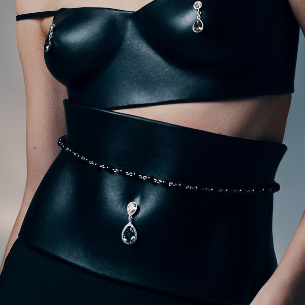 Moulded leather belt with Crystal chain and piercing