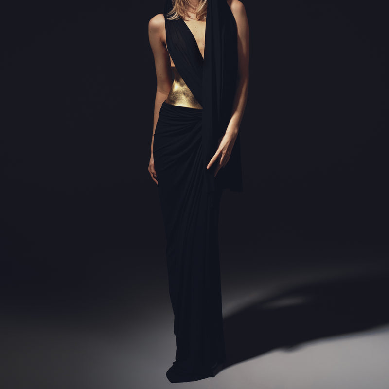 Black silk jersey long skirt